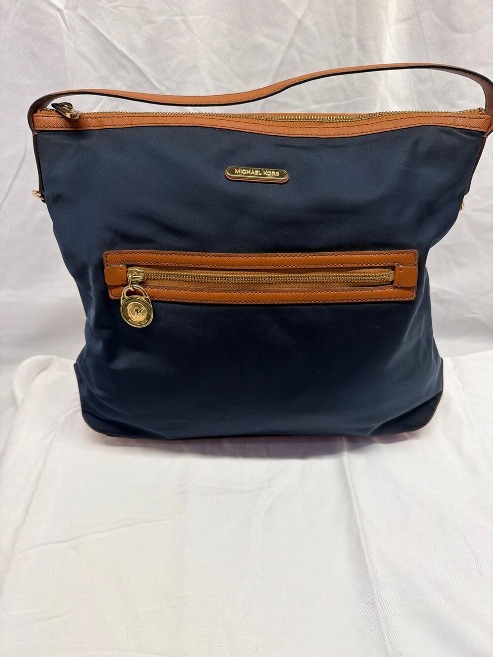 Michael Kors Navy Blue Nylon & Tan Leather Kelsey Shoulder Hobo Bag
